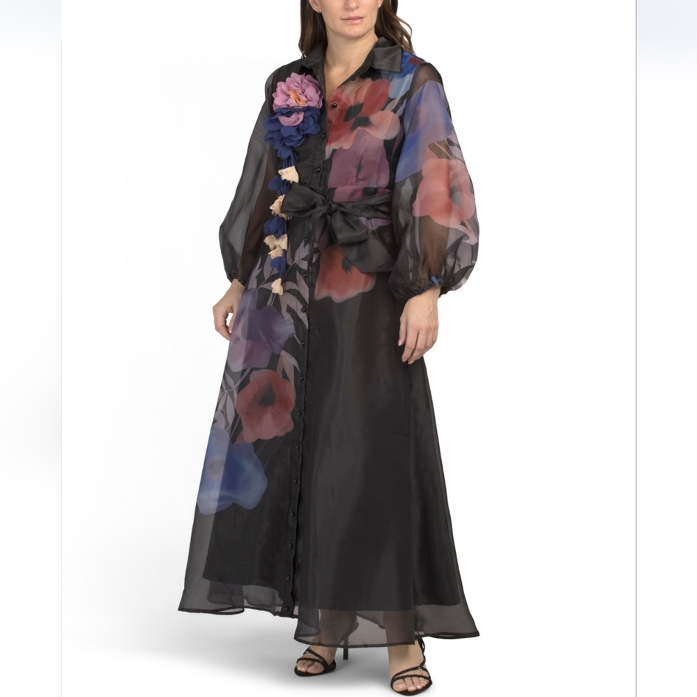 Dalia MacpheeWomen's  Black Balloon Sleeve Floral Print Maxi Dress